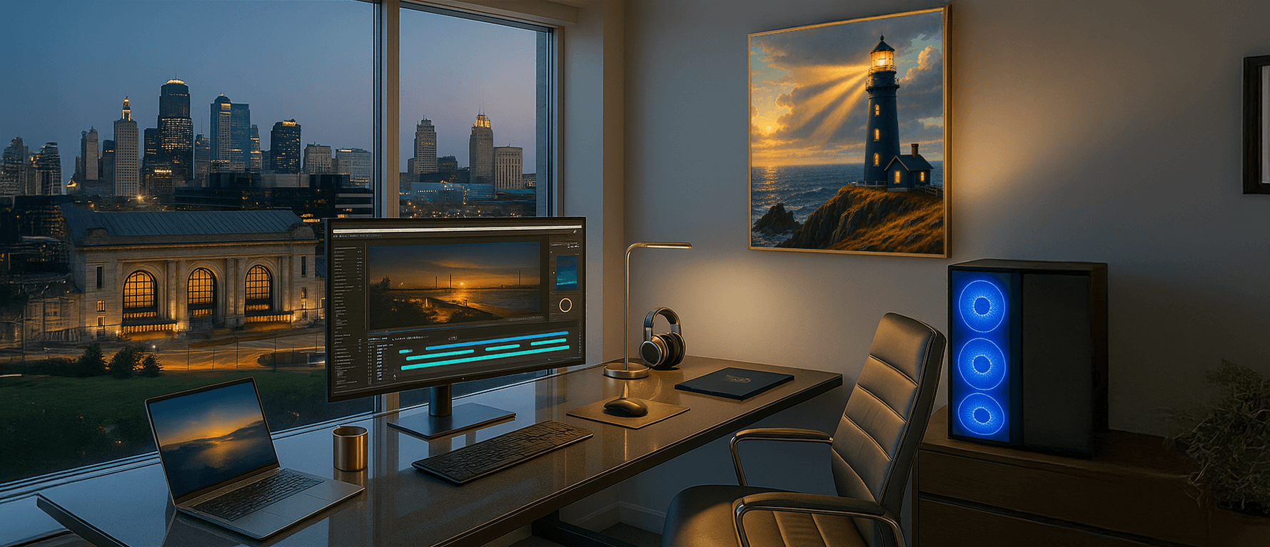 Modern executive workspace with multiple screens displaying digital security interfaces and city skyline at night