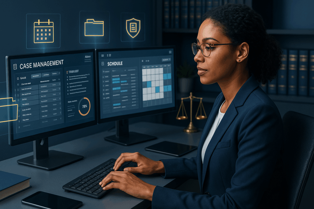 Legal professional working at a computer with practice management and case management software displayed