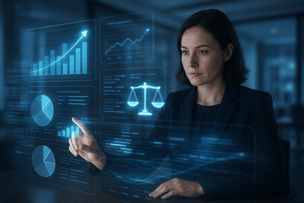 Professional analyzing digital dashboards and data visualizations on a transparent interface