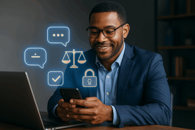 Legal professional using a mobile device with client communication and messaging icons displayed