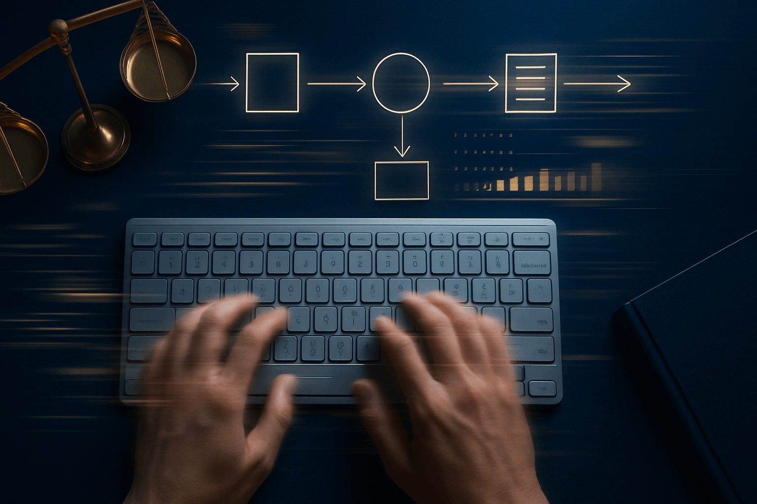 Hands typing on a keyboard with workflow and process icons displayed above