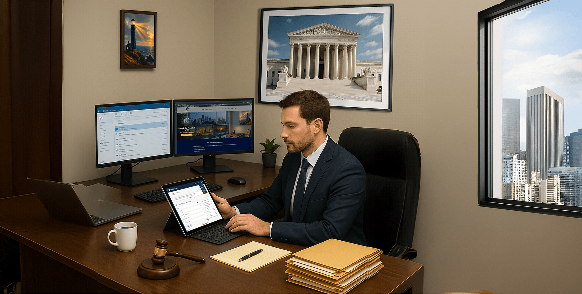 Attorney working at a desk with multiple screens displaying legal and technology dashboards in a modern office