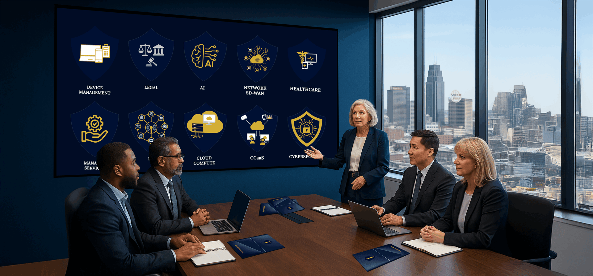 Executive technology services briefing in a modern conference room overlooking a city skyline