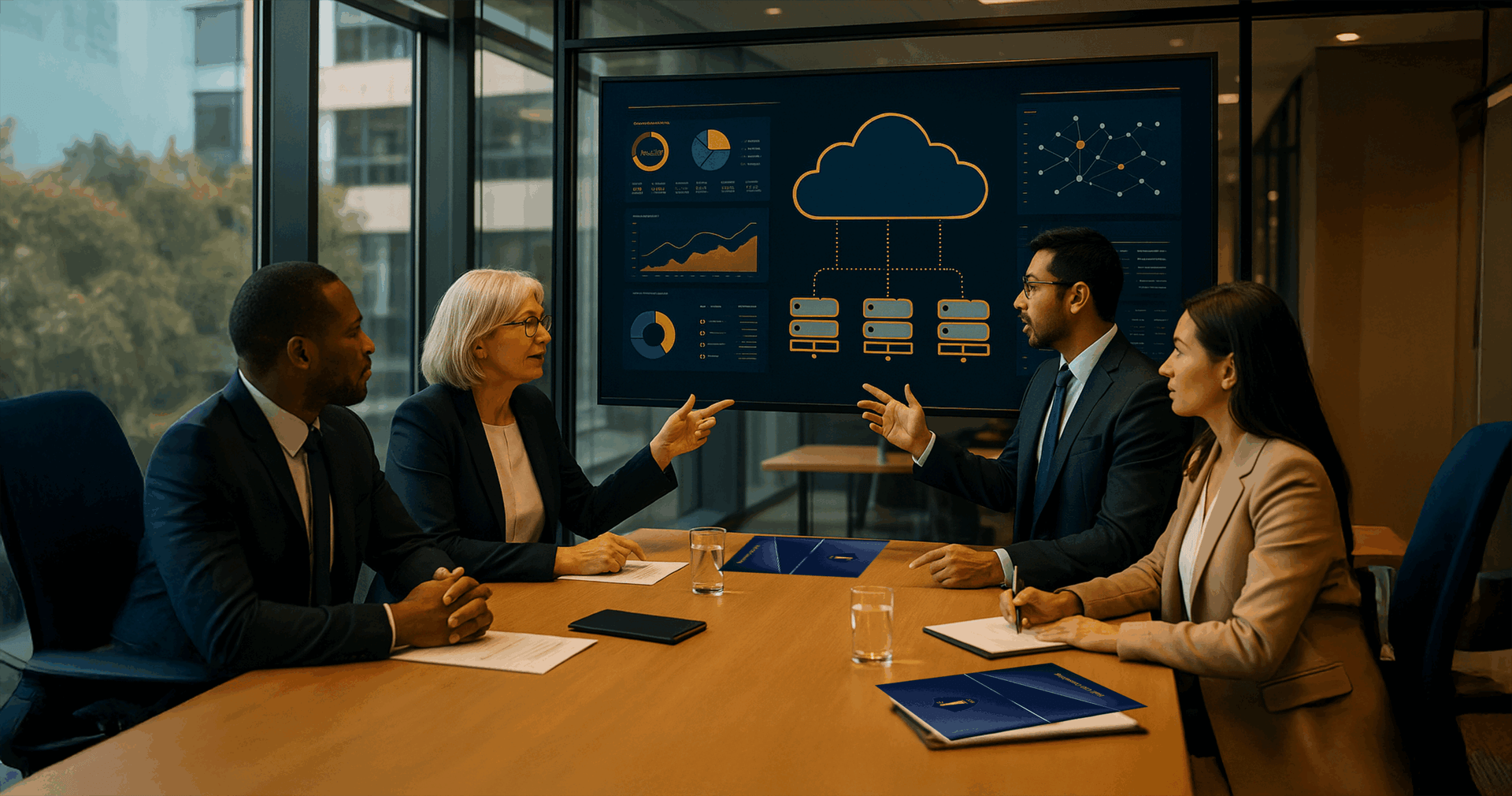 Business leaders discussing cloud computing architecture displayed on a screen during a meeting