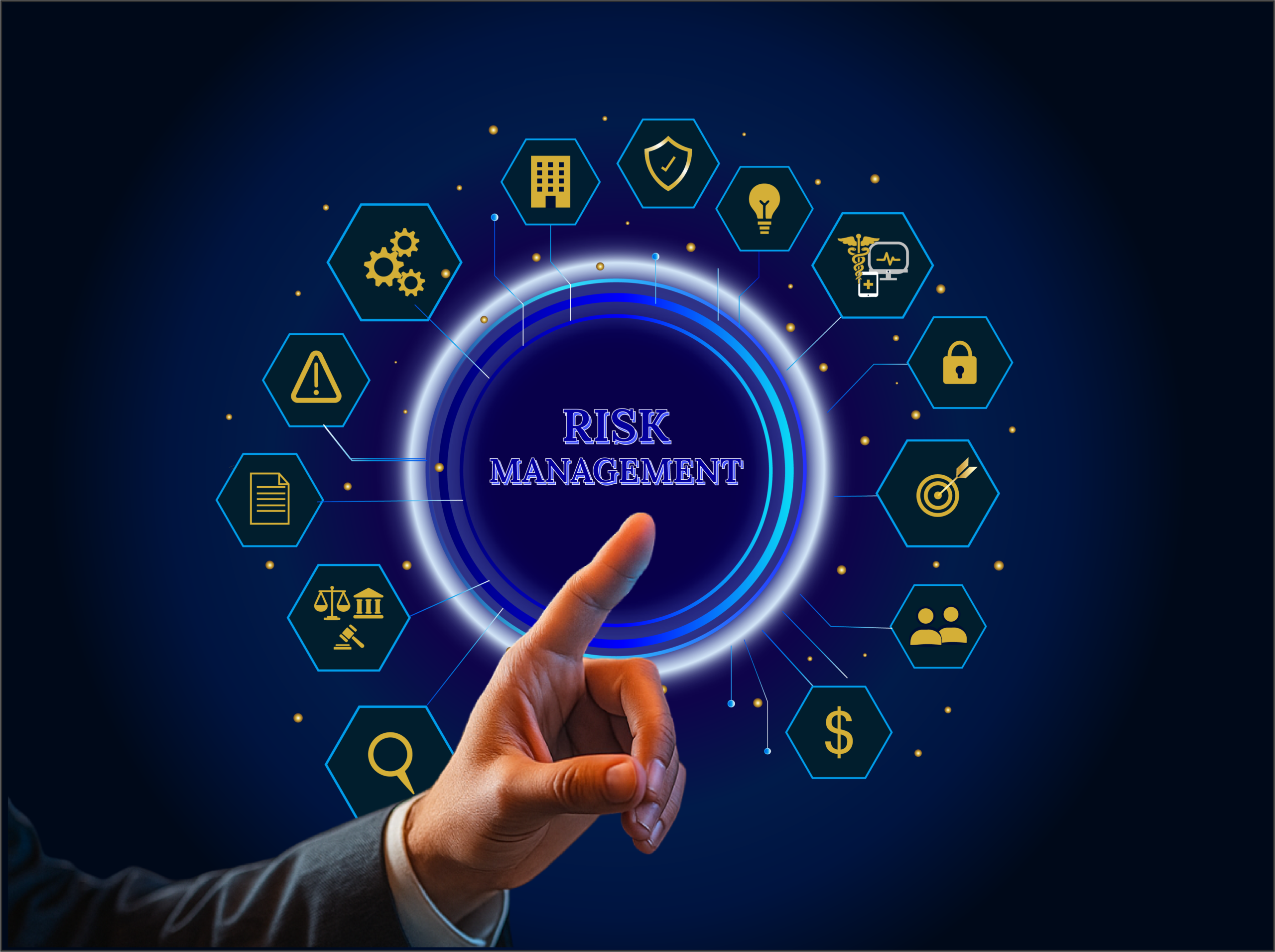 Hand interacting with a digital risk management interface surrounded by security and compliance icons