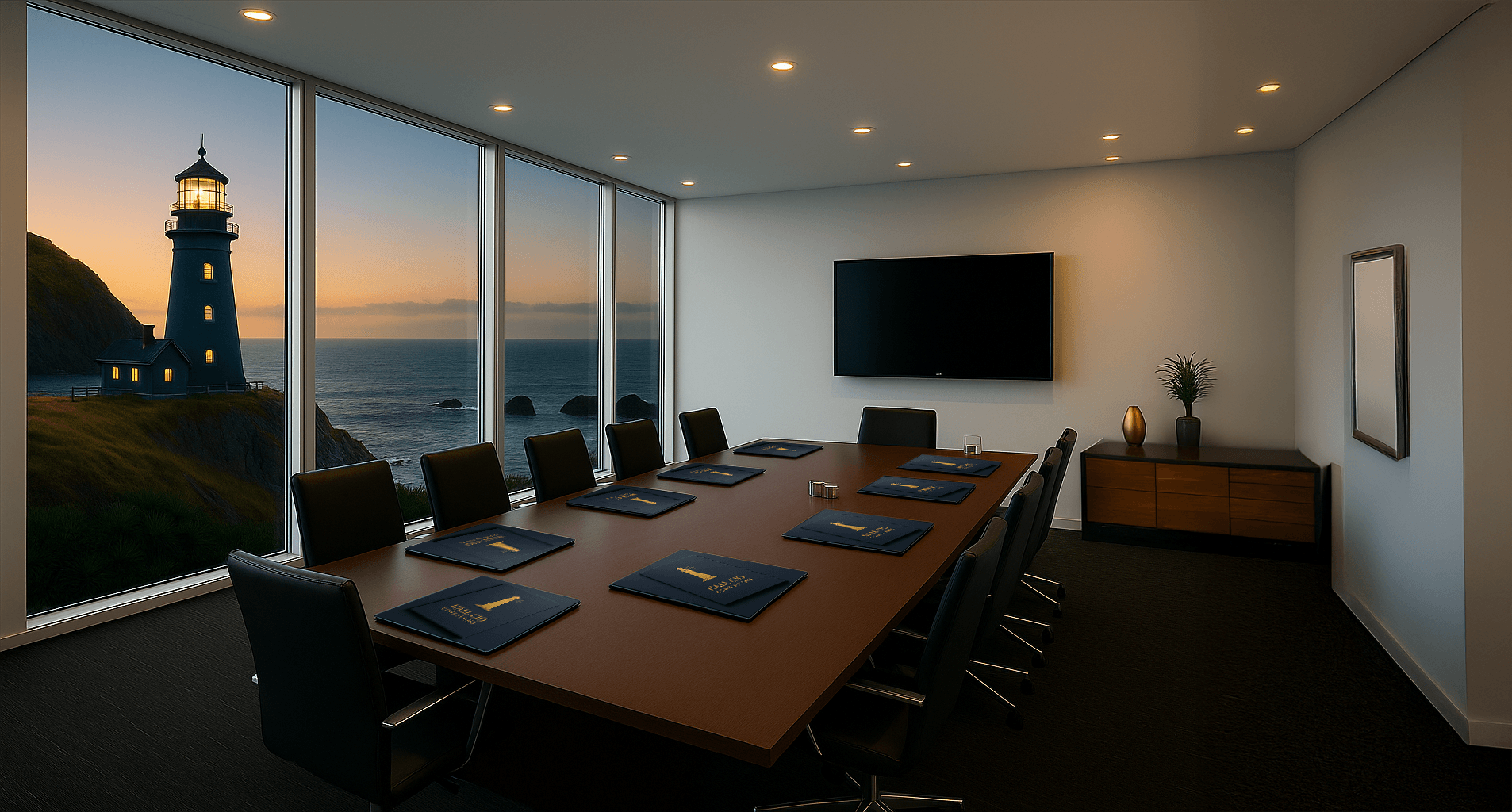 Professional conference room with an ocean view and a guiding lighthouse, symbolizing strategic clarity and peaceful outcomes.